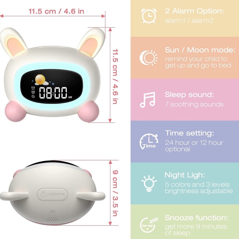 RABBIT/BUNNY KIDS ALARM CLOCK WITH NIGHT LIGHT, SOUND MACHINE - Picture 4 of 7
